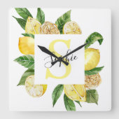 Modern Yellow Lemons Frame & Leaves With Name Quadratische Wanduhr (Vorderseite)