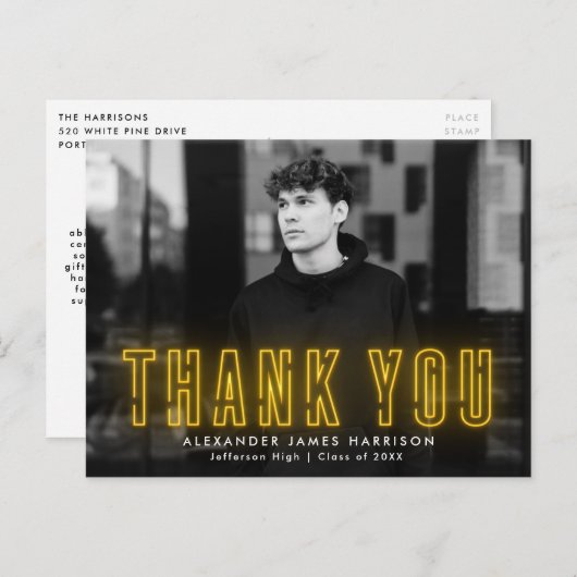 Modern Yellow Neon Foto Graduation Thank You Postkarte (Vorne/Hinten)