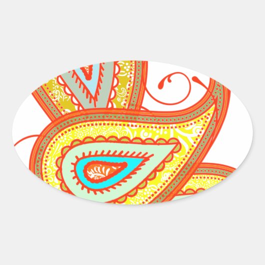 Modern Yellow Orange Aqua Mint Paisley Geschenke Ovaler Aufkleber (Vorderseite)