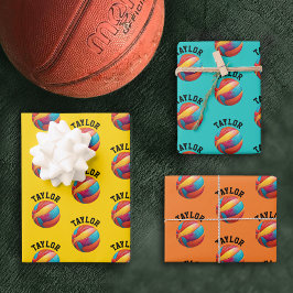 Modern Yellow Orange Blue Basketball Team MVP Name Geschenkpapier Set