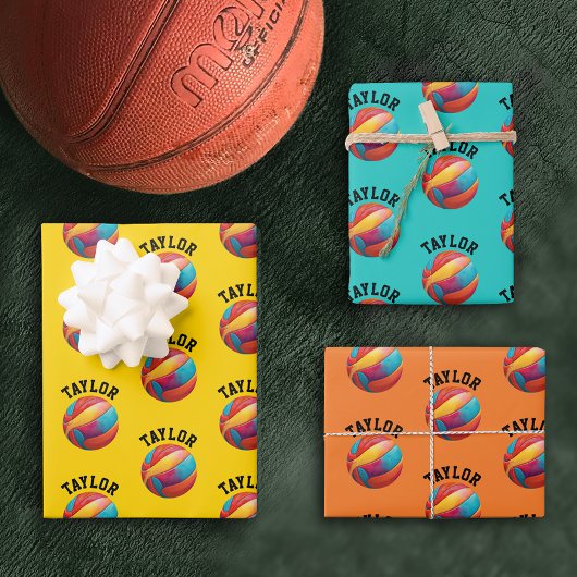 Modern Yellow Orange Blue Basketball Team MVP Name Geschenkpapier Set