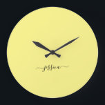 Modern yellow script name large clock große wanduhr<br><div class="desc">Modern clock with a sunny yellow background and a hand lettered black girly script name. Personalize with your name</div>