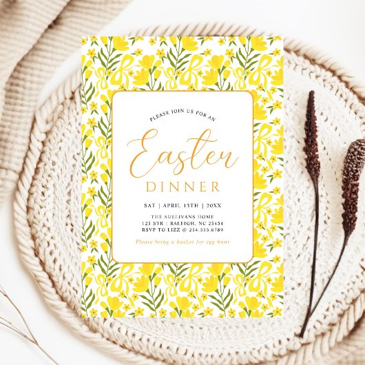 Modern Yellow Spring Floral Bow Easter Dinner Einladung