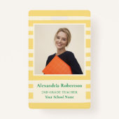 Modern Yellow Stripes Teacher Photo ID Badge Ausweis (Vorderseite)