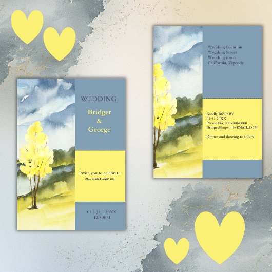 Modern Yellow Tree Landscape destination Wedding Einladung