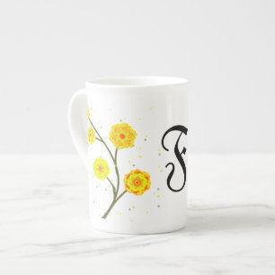 Modern yellow watercolor floral monogram name porzellantasse