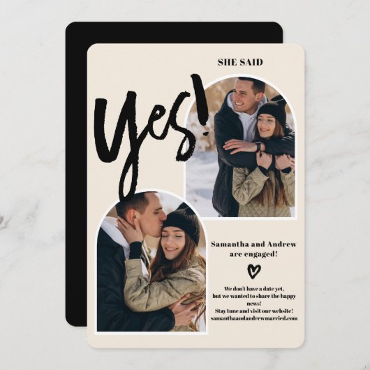 Modern yes script 2 Fotos arch ivory Verlobung Ankündigung (Vorne/Hinten)