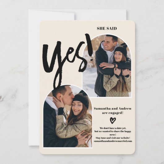 Modern yes script 2 Fotos arch ivory Verlobung Ankündigung (Vorderseite)