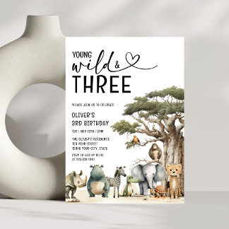 Modern Young Wild and Three Safari 3. Geburtstag Einladung