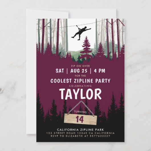 Modern Zipline Burgundy Forest Birthday Adventure Einladung (Vorderseite)