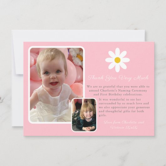 Modern Zwei Foto Rosa Weißes Gold Daisy Dankeskarte (Vorderseite)