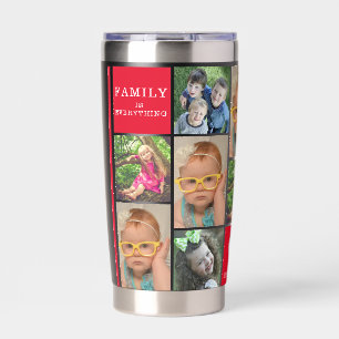 Moderne 12-Foto-Collage Familienname Monogramm Rot Thermobecher