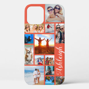 Moderne 13 Foto Collage Script Name Coral Orange Case-Mate iPhone Hülle