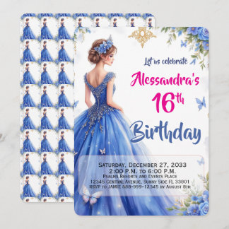Moderne 16. blaue Robe Floral Elegant Geburtstag Einladung