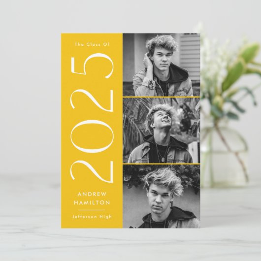 Moderne 2025 Yellow 3 Foto Graduation Party Einladung (Stehend Vorderseite)