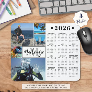 Moderne 2026 Kalender 5 Fotos Monogramm Name Mousepad