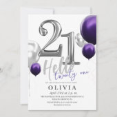 Moderne 21. Geburtstag Party Silberne Lila Balloon Einladung (Vorderseite)