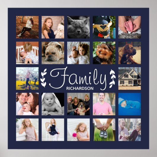 Moderne 22-Familie Foto Collage Laurels Navy Poster (Vorne)