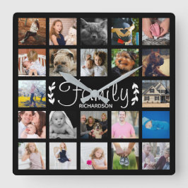 Moderne 22 Familien-Foto-Collage u. Name Quadratische Wanduhr