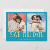 Moderne 2-Foto Aqua Blau Hochzeit Save The Date (Vorderseite)