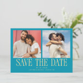 Moderne 2-Foto Aqua Blau Hochzeit Save The Date (Stehend Vorderseite)