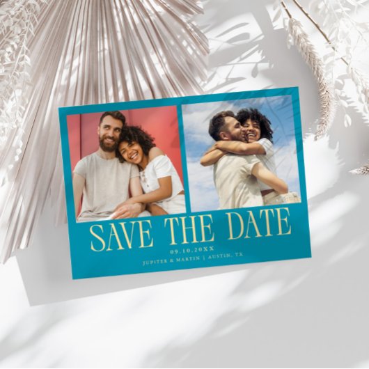Moderne 2-Foto Aqua Blau Hochzeit Save The Date