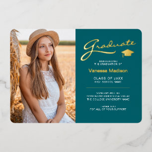 Moderne 2 Foto Aquamarine White & Gold Foil Grad C Folieneinladung