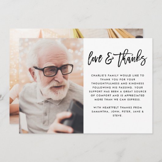 Moderne 2-Foto Black Handwriting Script Funeral Dankeskarte (Vorne/Hinten)