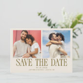 Moderne 2-Foto-Cream-Hochzeit Save The Date (Stehend Vorderseite)