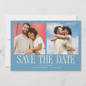 Moderne 2-Foto-Denimblaue Hochzeit Save The Date (Vorderseite)
