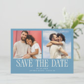 Moderne 2-Foto-Denimblaue Hochzeit Save The Date (Stehend Vorderseite)