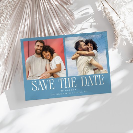 Moderne 2-Foto-Denimblaue Hochzeit Save The Date