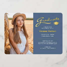 Moderne 2 Foto Dusty Blue & Gold Foil Grad Card Folieneinladung
