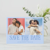 Moderne 2-Foto-Eisblaue Hochzeit Save The Date (Stehend Vorderseite)