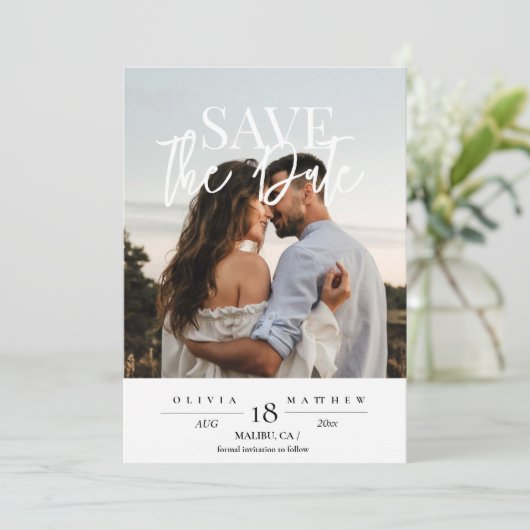 Moderne 2-Foto Hochzeit retten Termine Save The Date (Stehend Vorderseite)