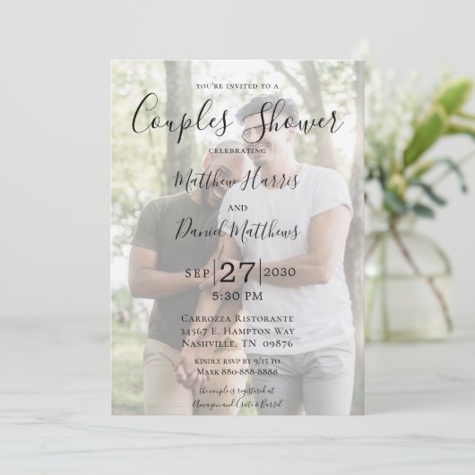 Moderne 2-Foto LGBTQ Paare Dusche Einladung (Stehend Vorderseite)