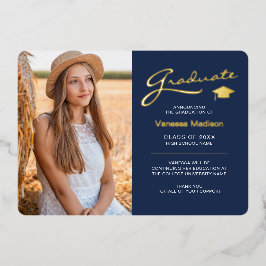 Moderne 2 Foto Navy Blue & Gold Foil Grad Card Folieneinladung