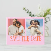 Moderne 2-Foto Orange Rosa Hochzeit Save The Date (Stehend Vorderseite)