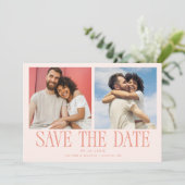 Moderne 2-Foto-Pfirsich-Hochzeit Save The Date (Stehend Vorderseite)