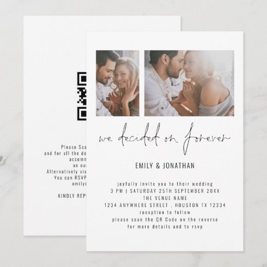 Moderne 2 Foto QR Code Romantische Hochzeit Einladung (Vorne/Hinten)
