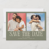 Moderne 2-Foto-Sage-Grün-Hochzeit Save The Date (Vorderseite)