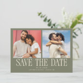 Moderne 2-Foto-Sage-Grün-Hochzeit Save The Date (Stehend Vorderseite)