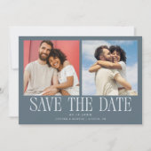 Moderne 2-Foto-Schieferblaue Hochzeit Save The Date (Vorderseite)