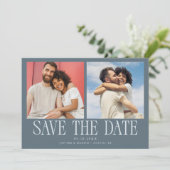 Moderne 2-Foto-Schieferblaue Hochzeit Save The Date (Stehend Vorderseite)