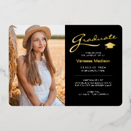 Moderne 2 Foto Schwarz-weiß & Gold Foil Grad Card Folieneinladung