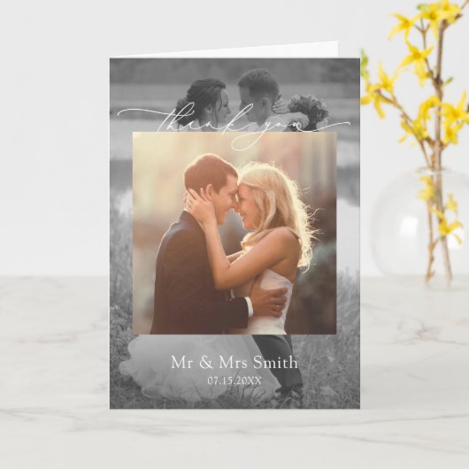 Moderne 2-Foto-Script-Hochzeit Danke-Nachricht Karte (Gelbe Blume)