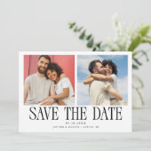 Moderne 2-Foto Weiße Hochzeit Save The Date (Stehend Vorderseite)