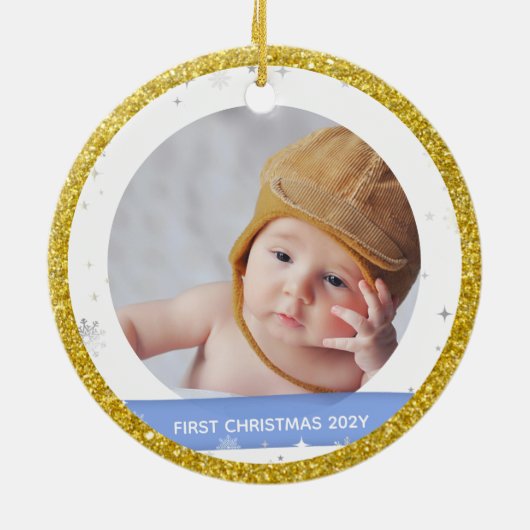 Moderne 2 Fotos Baby Boy 1. Weihnachtsmutter Keramik Ornament (Hinten)