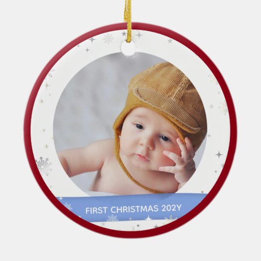 Moderne 2 Fotos Baby Boy 1. Weihnachtsmutter Keramik Ornament (Hinten)