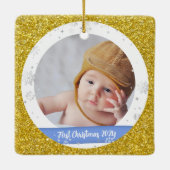 Moderne 2 Fotos Baby Boy First Christmas Opa Keramikornament (Rückseite)